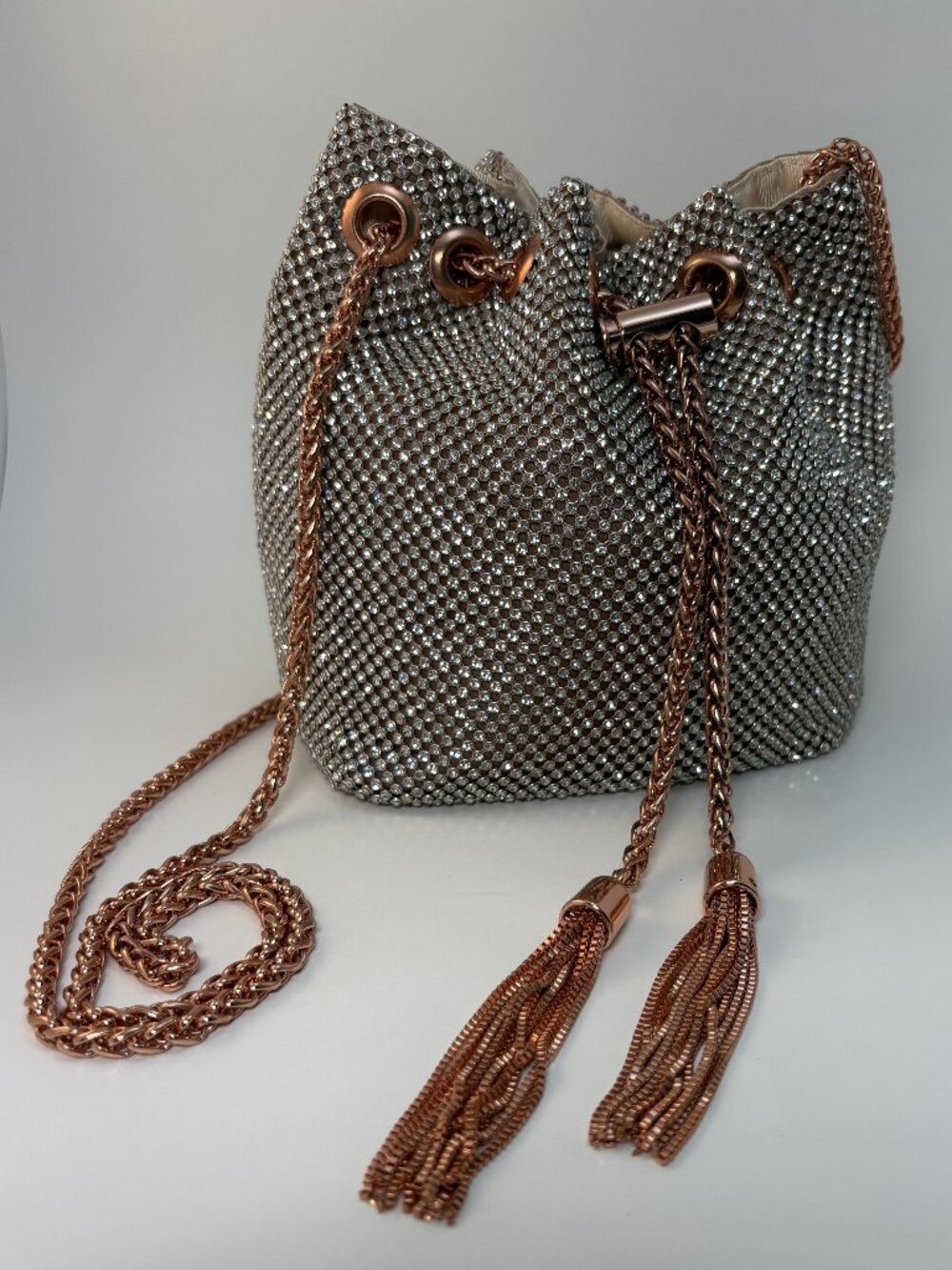 Rose Gold Rhinestone Crystal Mesh Bucket Bag Chain Tassel Evening Purse